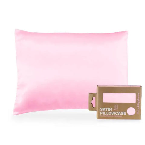 A light pink Morning Glamour Satin Pillowcase Standard/Queen Single is shown with eco-friendly brown packaging featuring a cutout to display the color—perfect for smoother skin and healthier hair. Multiple color options available.