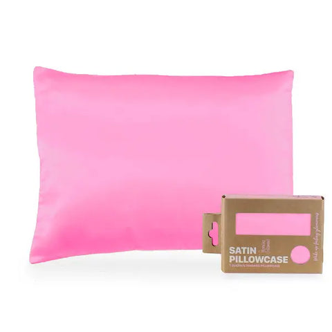 The Morning Glamour Satin Pillowcase Standard/Queen Single comes in eco-friendly packaging with multiple color options and is designed for healthier hair and smoother skin. The matching box is labeled Satin Pillowcase.