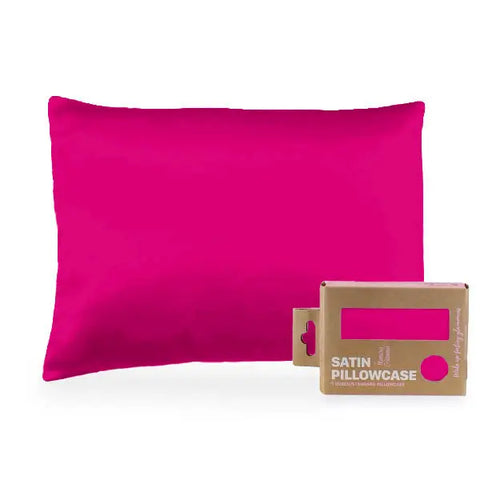 A bright pink Morning Glamour Satin Pillowcase (Standard/Queen Single) with eco-friendly brown packaging, labeled Satin Pillowcase, is shown—ideal for healthier hair and smoother skin. Multiple color options available.