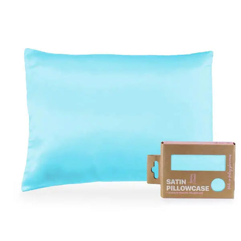 A Morning Glamour Satin Pillowcase Standard/Queen Single in light blue is shown with its eco-friendly brown box (labeled Satin Pillowcase) in the lower right, demonstrating how it promotes healthier hair and smoother skin. Multiple colors available.