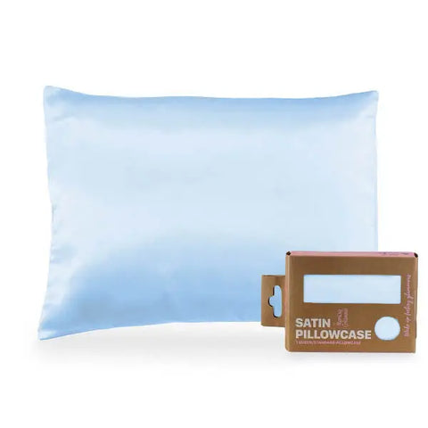 A light blue Morning Glamour Satin Pillowcase (Standard/Queen Single) is shown behind its eco-friendly brown packaging, which features a cutout revealing the fabric and reads: Satin Pillowcase—designed for smoother skin and healthier hair.