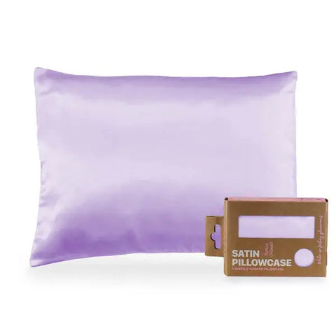 A light purple Morning Glamour Satin Pillowcase Standard/Queen Single is shown with eco-friendly packaging labeled Satin Pillowcase, offering smoother skin and healthier hair in multiple color options.