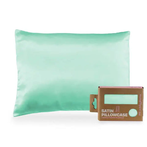 A light green Morning Glamour Satin Pillowcase Standard/Queen Single, made for healthier hair and smoother skin, is shown with an ECO-Friendly box labeled Satin Pillowcase on a white background. Multiple color options available.
