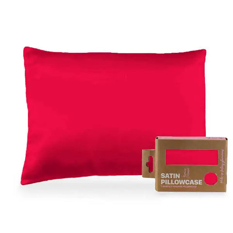 A Morning Glamour Satin Pillowcase Standard/Queen Single in bright red is shown with its eco-friendly brown packaging labeled Satin Pillowcase, offering healthier hair and smoother skin benefits on a white background. Multiple color options available.