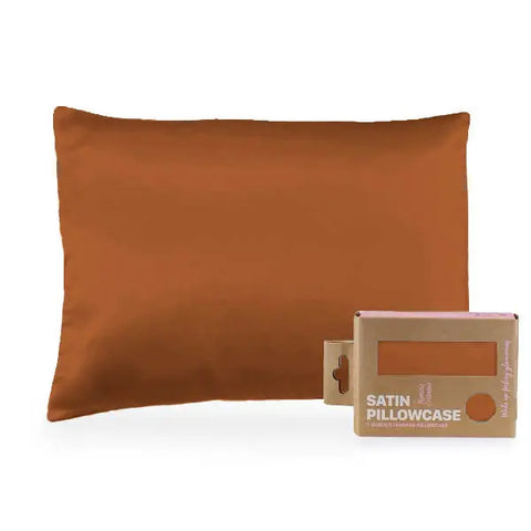 The Morning Glamour Satin Pillowcase Standard/Queen Single is shown in rust against a white background, with its eco-friendly packaging labeled Satin Pillowcase in front—ideal for healthier hair and smoother skin. Multiple color options available.