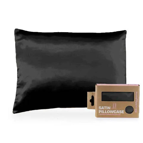 A Morning Glamour Satin Pillowcase Standard/Queen Single in black is shown with eco-friendly brown packaging labeled Satin Pillowcase, offering a gentle touch for healthier hair and smoother skin. Multiple color options available.