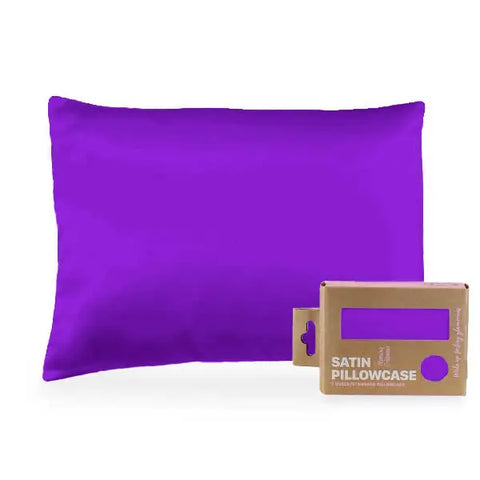 A Morning Glamour Satin Pillowcase Standard/Queen Single in bright purple for healthier hair and smoother skin, shown with eco-friendly rectangular packaging labeled SATIN PILLOWCASE against a plain white background. Multiple color options available.