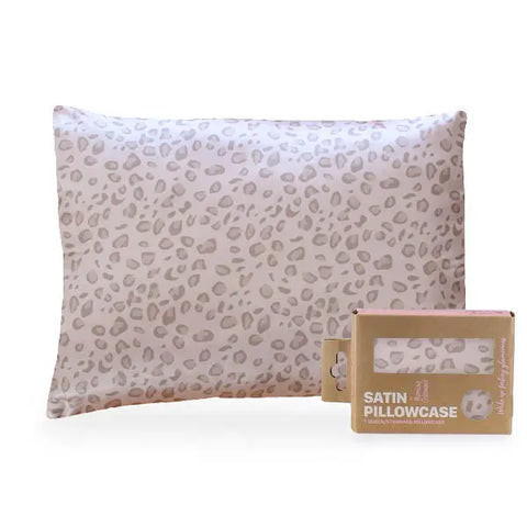 The Morning Glamour Satin Pillowcase Standard/Queen Single, shown in beige and white leopard print, is displayed next to its eco-friendly packaging with a fabric cutout. Satin pillowcases help promote smoother skin and healthier hair as you sleep.
