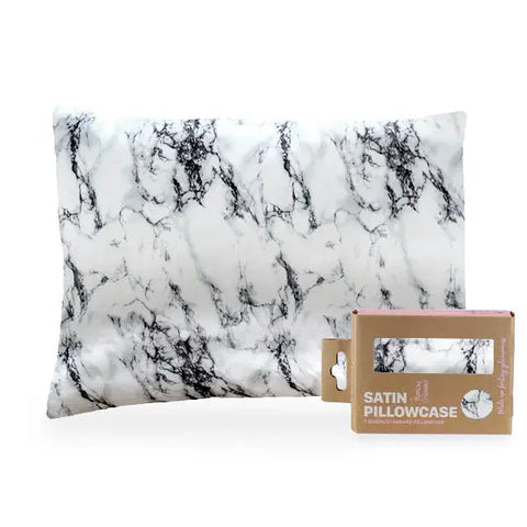 A Morning Glamour Satin Pillowcase Standard/Queen Single is shown beside its ECO-Friendly brown packaging, designed to promote smoother skin and healthier hair; multiple color options are available.