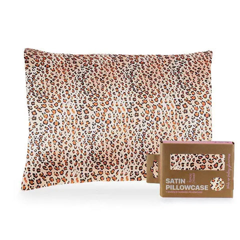 A Morning Glamour Satin Pillowcase (Standard/Queen, Single) in eco-friendly packaging is shown in a cheetah print behind its brown box, helping promote healthier hair and smoother skin. Multiple color options available.