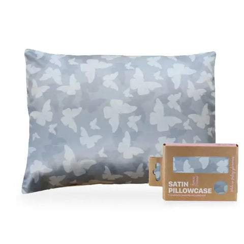The Morning Glamour Satin Pillowcase Standard/Queen Single in light blue with a white butterfly pattern comes in eco-friendly packaging and offers smoother skin and healthier hair. Multiple color options available.