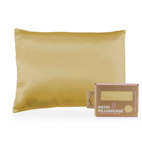 A Morning Glamour Satin Pillowcase Standard/Queen Single in gold is shown beside its eco-friendly brown and pink packaging with a transparent window—ideal for smoother skin and healthier hair; available in multiple colors.