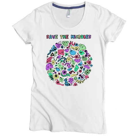 The Save the Microbes Graphic Tee by Spiritex | Sustainable Apparel is an organic cotton womens shirt with a cheerful microbe cartoon and “SAVE THE MICROBES” in multicolored letters—a fun, eco-friendly choice.