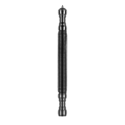 The Hammerless Impact Technology Self-Centering Punch is a black, ribbed, cylindrical metal tool with rounded ends and a pointed tip, shown isolated on a white background.
