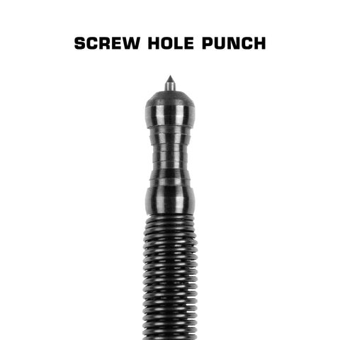 A Hammerless Impact Technology Self-Centering Punch with a spring-driven mechanism stands vertically on a white background, with the label “SELF-CENTERING PUNCH” in bold black letters above it.