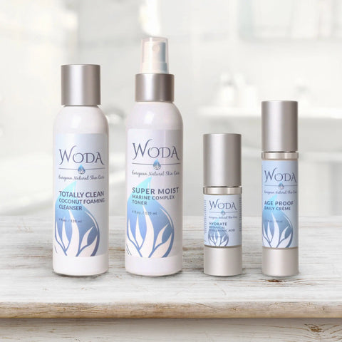 Sensitive Skin Care Bundle – Coconut Cleanser, Marine Toner, Hyaluronic Serum, Age Proof Crème | Made in USA WODA Skin Care 