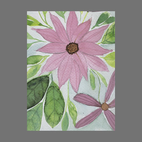 The JuLu Cards Pack 4 - Pink Flowers With Greenery (20064) features a watercolor design of two pink flowers with green leaves on a light blue background, perfect for charming greeting cards or card packs with envelopes.