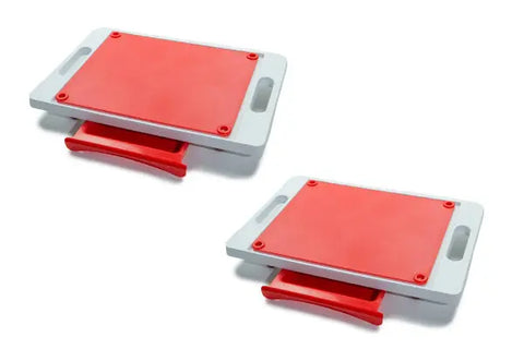 The Karving King Set of 2 Dripless Cutting Boards 2 in 1 System features rectangular boards with red surfaces, white frames, integrated handles, and red pull-out drawers for dripless carving, displayed on a white background.