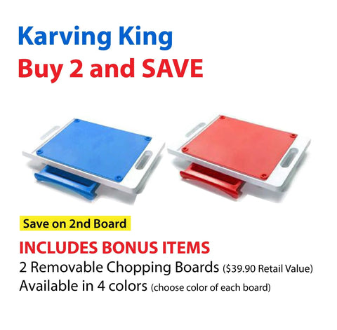 Promotional image of Karving King Set of 2 Dripless Cutting Boards 2 in 1 System with handles, dripless carving, Buy 2 & SAVE offer, bonus items, and four color options. Two removable boards shown (blue & red).