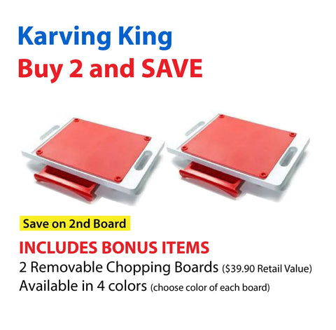 Promo image for Karving King Set of 2 Dripless Cutting Boards 2 in 1 System: Buy 2 and SAVE! Shows boards with dripless system, savings offer, bonus items, and mentions the cutting boards are available in 4 colors.