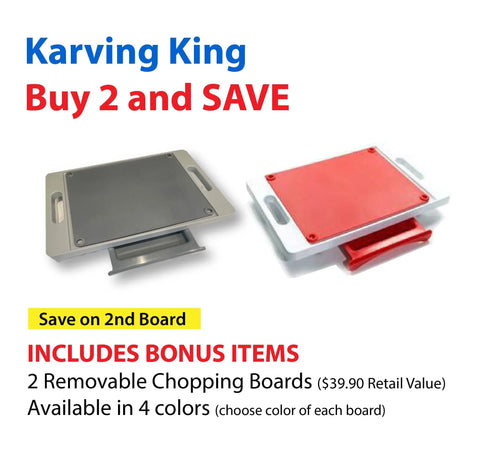 Promo image for Karving King’s Set of 2 Dripless Cutting Boards 2 in 1 System. Buy 2 and SAVE! Includes bonus removable chopping boards. Features gray and red boards with trays; available in four colors.