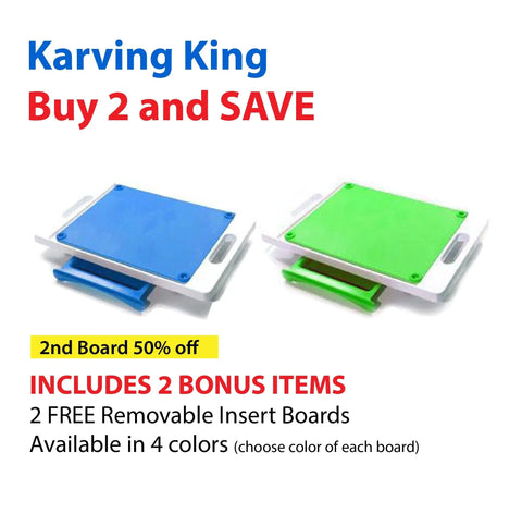 Karving King Set of 2 Dripless Cutting Boards 2 in 1 System—blue and green boards with removable inserts. Buy 2 & save! Includes bonus items and color options; shown on a white background with promotional text.