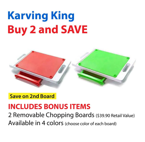 The Karving King Set of 2 Dripless Cutting Boards features a 2-in-1 system with handles and hidden trays. Shown in red and green. Buy 2 and SAVE—includes bonus items and color options.