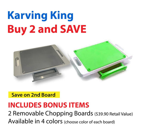 Karving King’s Set of 2 Dripless Cutting Boards 2 in 1 System is shown in gray and green. Buy 2 and SAVE—get a discount on the second meat cutting board. Bonus removable chopping boards come in four colors.