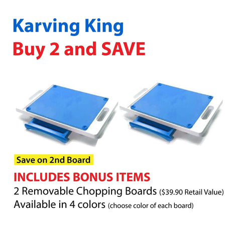 Karving King Set of 2 Dripless Cutting Boards 2 in 1 System: Buy 2 and SAVE! Includes bonus items. Boards feature a dripless carving system and come in four colors.
