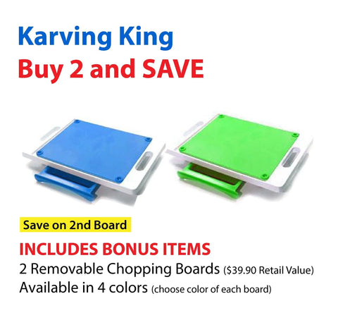 The Karving King Set of 2 Dripless Cutting Boards 2 in 1 System features two removable boards with handles and slots, is made in the USA, comes in four colors, includes bonus items, and offers a Buy 2 and SAVE promotion.