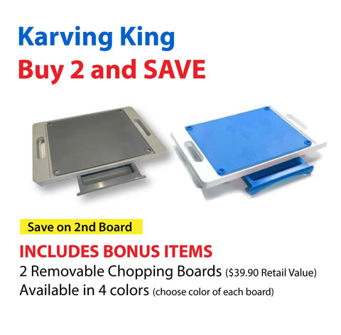 Karving King Set of 2 Dripless Cutting Boards: Buy 2 and SAVE! Features gray and blue boards with a dripless system. Bonus: includes 2 removable meat cutting boards, available in 4 colors. Save on the second board!.