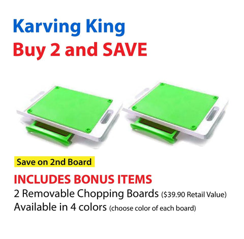 Karving King ad: Buy 2 Dripless Cutting Boards—dual function mats, BPA-free, with white frames. Includes bonus items. American-made kitchen essentials available in four colors. Save now!.