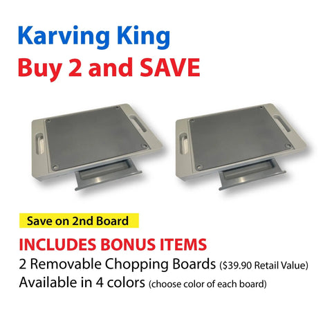 Karving King’s Set of 2 Dripless Cutting Boards—dual function, BPA-free, Made in USA. Buy 2 and save! Bonus: two removable chopping mats ($39.90 value), four color options. Essential for every kitchen!.