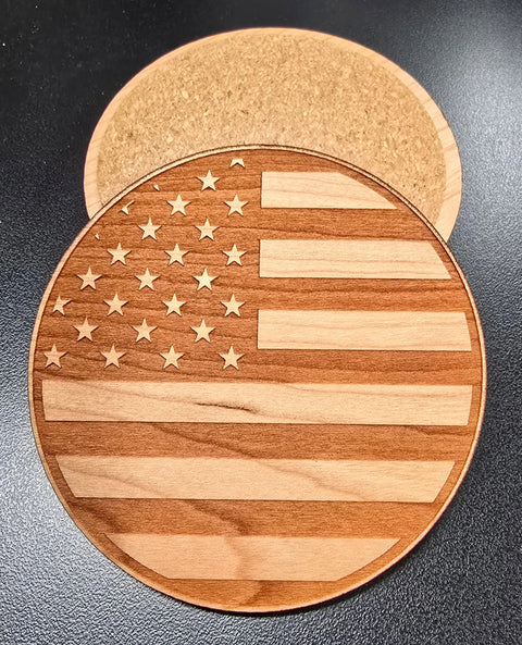 Set of 4 American Flag Hardwood Coasters 3.5 Inch Diameter – Laser Cut Barware | Made in USA American Grains LLC 