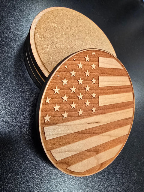 Set of 4 American Flag Hardwood Coasters 3.5 Inch Diameter – Laser Cut Barware | Made in USA American Grains LLC 