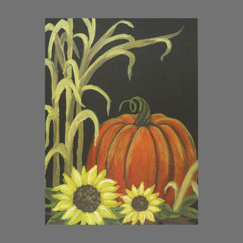 JuLu Cards’ Pack of 4 - Pumpkin With Sunflowers and Corn Stalk (20014) features a vivid orange pumpkin with yellow sunflowers and corn stalks on a black background. Includes matching envelopes.