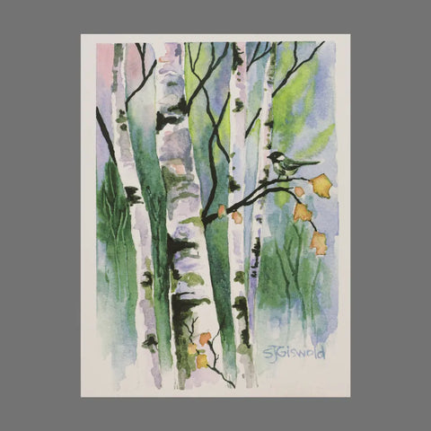JuLu Cards Pack of 4 - Birch Trees With Bird and Blue, Green and Pink Background (20022) features soft, impressionistic watercolor birch trees and a bird—ideal for cards or envelopes of any size.