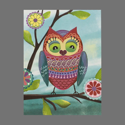 JuLu Cards Pack of 4 - Colorful Large Owl on Branch With Circular Flowers (20009) features a vibrant owl amid circular blooms on a branch—ideal for cards or card-size prints, each set includes matching envelopes.
