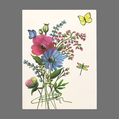 JuLu Cards Pack of 4 – Bundle of Various Flowers with Butterflies and a Dragonfly (20029): Features pink, blue, and purple flowers, green leaves, butterflies, and a dragonfly on white—perfect for 4.5 x 6.25 cards with envelopes.