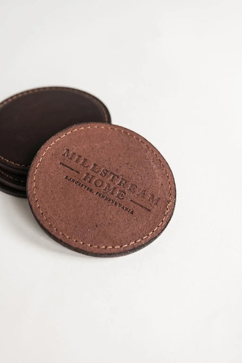 Set of 4 Full Grain English Bridle Leather Drink Coasters 3.75 Inch – Handmade Rustic Barware | Made in USA Millstream Home  Kitchen + Dining