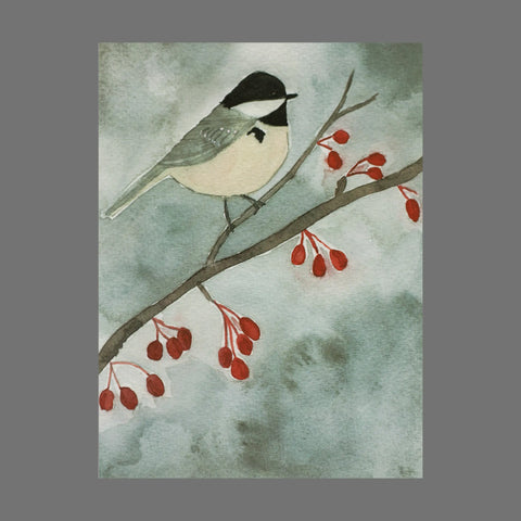 JuLu Cards Pack of 4 - Bird on a Branch With Berries (20062) features a watercolor black-capped chickadee with red berries on a blue-green background. Each 4.5 x 6.25 card includes an envelope, perfect for any occasion.
