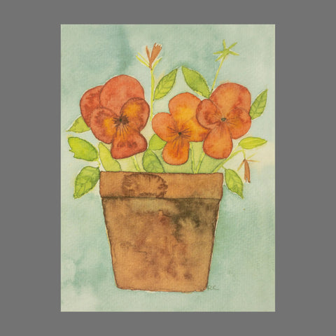 JuLu Cards’ Pack of 4 - Red Flowers in a Brown Pot (20071) features watercolor red flowers with green leaves in a brown pot, framed by a medium gray border and set against a soft blue-green background—ideal for cards or prints.