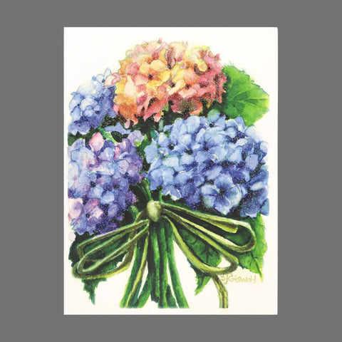 JuLu Cards Pack of 4 - Hydrangea Bundle (20017) features 4.5 x 6.25 cards adorned with blue, purple, and peach hydrangeas, green leaves, and a ribbon bow on a white background—ideal for card packs or sets with envelopes.