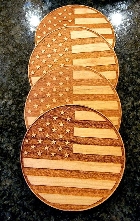 Set of 4 Patriotic Hardwood Coasters 3.5 Inch – Laser Engraved American Flag Design | Made in USA American Grains LLC 