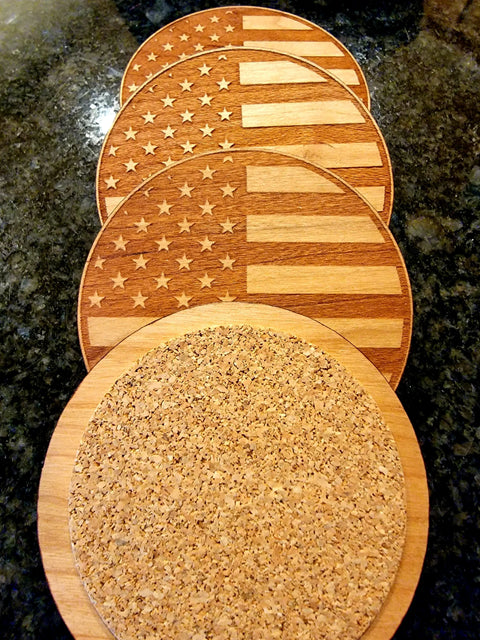 Set of 4 Patriotic Hardwood Coasters 3.5 Inch – Laser Engraved American Flag Design | Made in USA American Grains LLC 