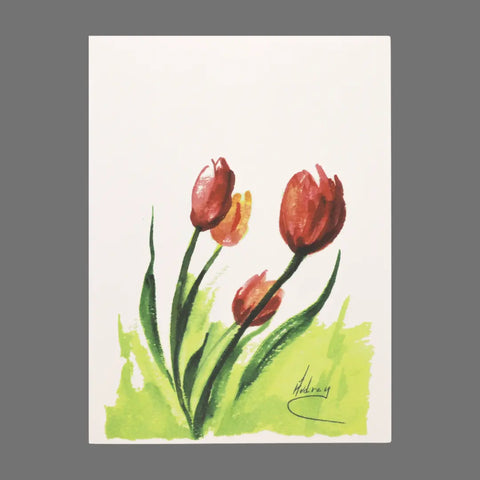 JuLu Cards Pack of 4 – Four Red Tulips (20026) features card-sized art of four red tulips with green leaves and stems on a light green background, signed by the artist—perfect for unique cards or pairing with envelopes.