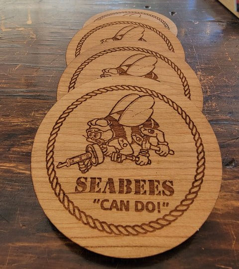 Set of 4 Seabee Coasters 3.5 Inch Diameter – Laser Etched Barware Accessories | Made in USA American Grains LLC 