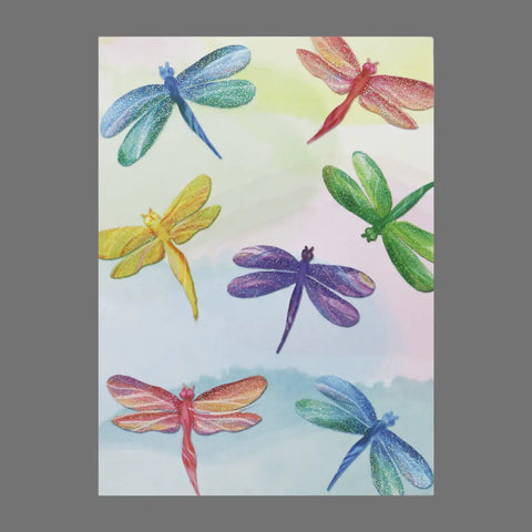 JuLu Cards Pack of 4 – Sparkly and Colorful Dragonflies (20041) features vibrant, glittery dragonflies against a pastel watercolor background, ideal for 4.5 x 6.25-inch cards or envelopes.