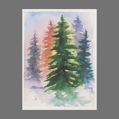 JuLu Cards Pack of 4 - Evergreen Trees of Various Colors (20010) features watercolor pine trees in green, red, and purple on a pale background, capturing a serene wintry scene—perfect for card-sized prints with matching envelopes.