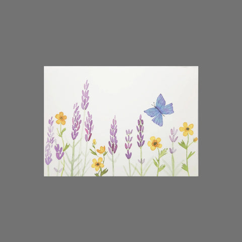 The JuLu Cards Pack of 8 - Blue Butterfly With Sprigs and Wildflowers (10109) features a watercolor design of purple lavender, yellow wildflowers, and a blue butterfly—blank inside for your personal message. Perfect for greeting cards or special notes.